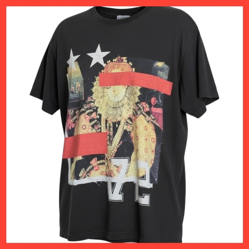 DNINE Reserve Mens Black Graphic T-Shirt Renaissance Art Portrait Red Bar Size L